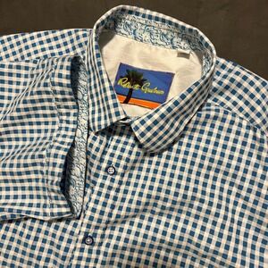 Robert Graham Men's Button Front Shirt Size XLT Short Sleeves Blue White Check